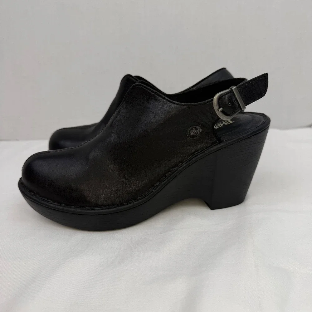 Born Black Leather Slingback Wedge Clogs D85503 Round Toe Platform Sandals 8M